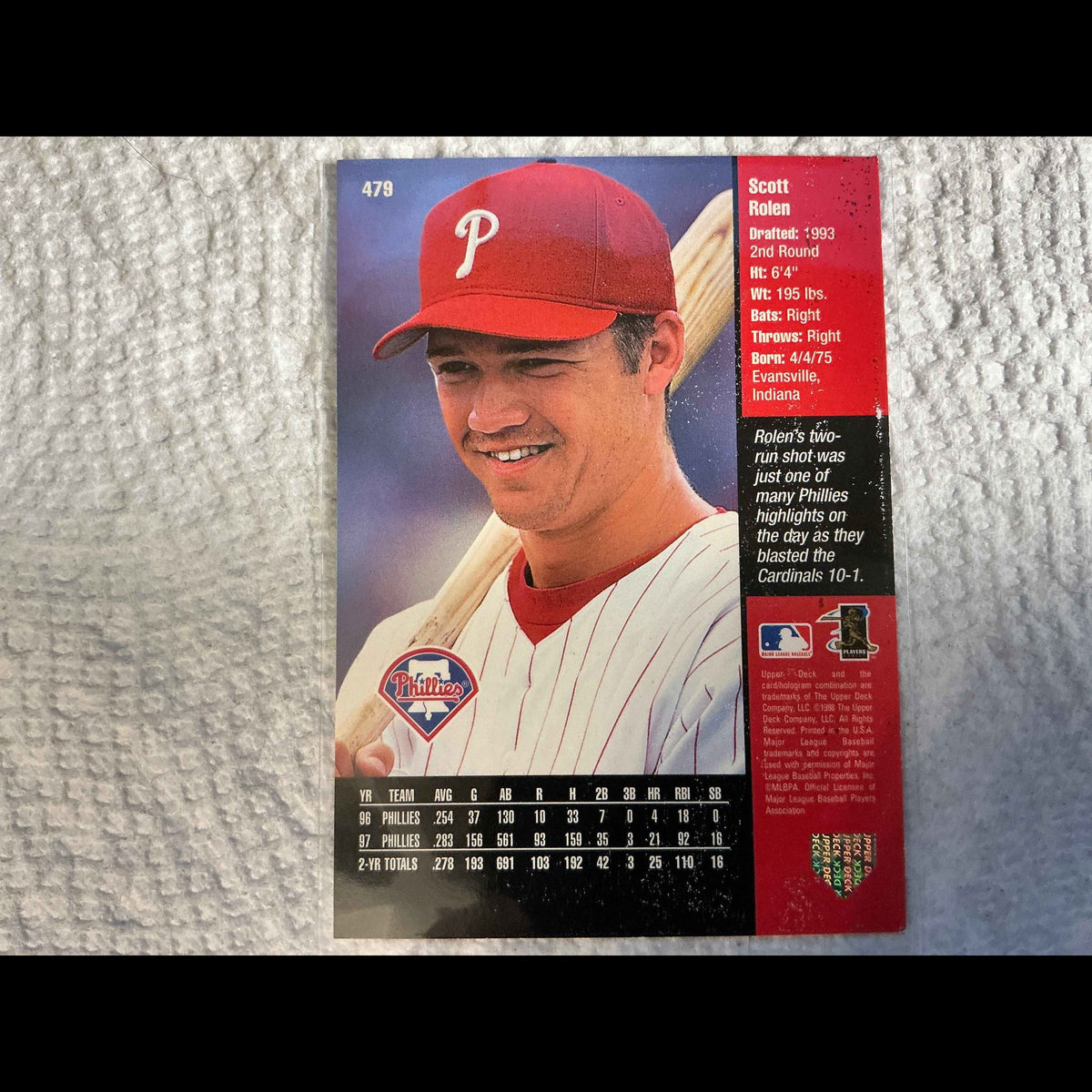 1998 Upper Deck #479 Scott Rolen Rookie of the Year Card - back