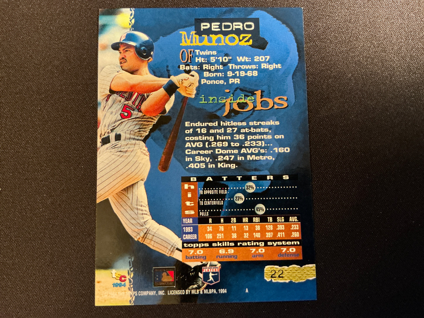 Tarjeta de Pedro Muñoz n.° 22 del Golden Rainbow del Topps Stadium Club de 1994
