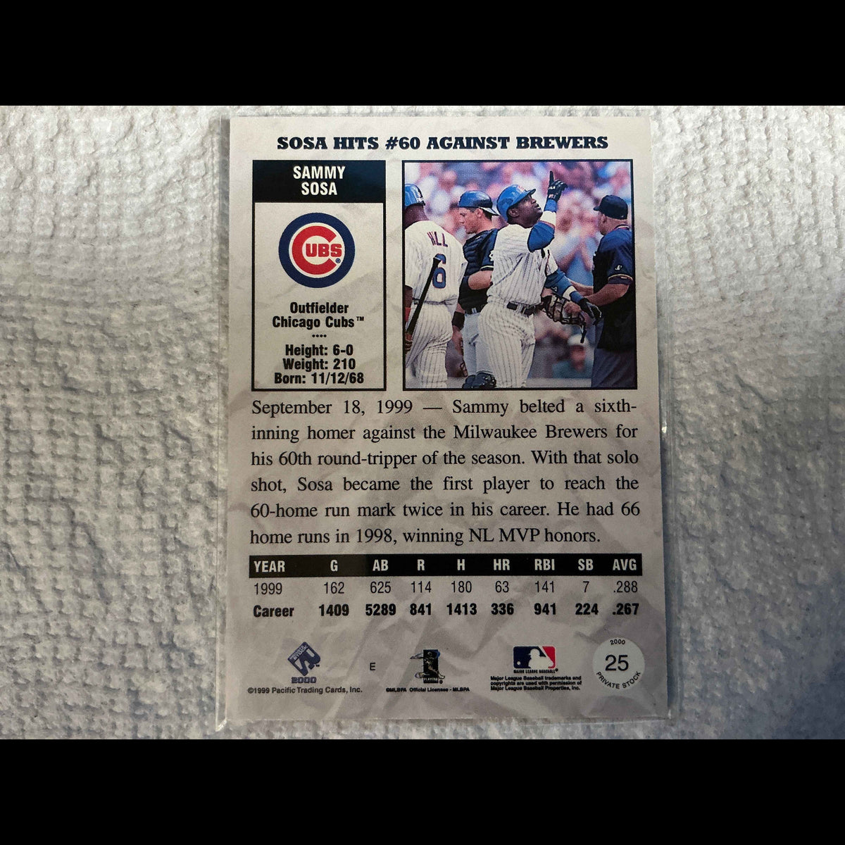 2000 Private Stock #25 Sammy Sosa Card - back
