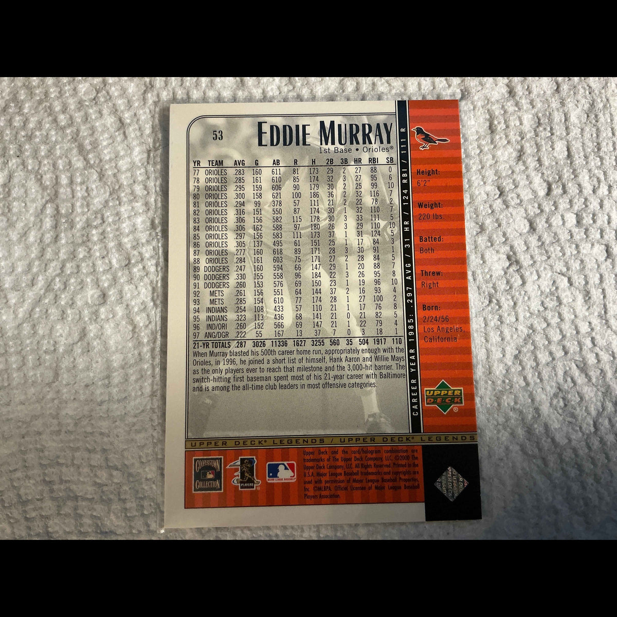 2000 Upper Deck Legends #53 Eddie Murray Card - back