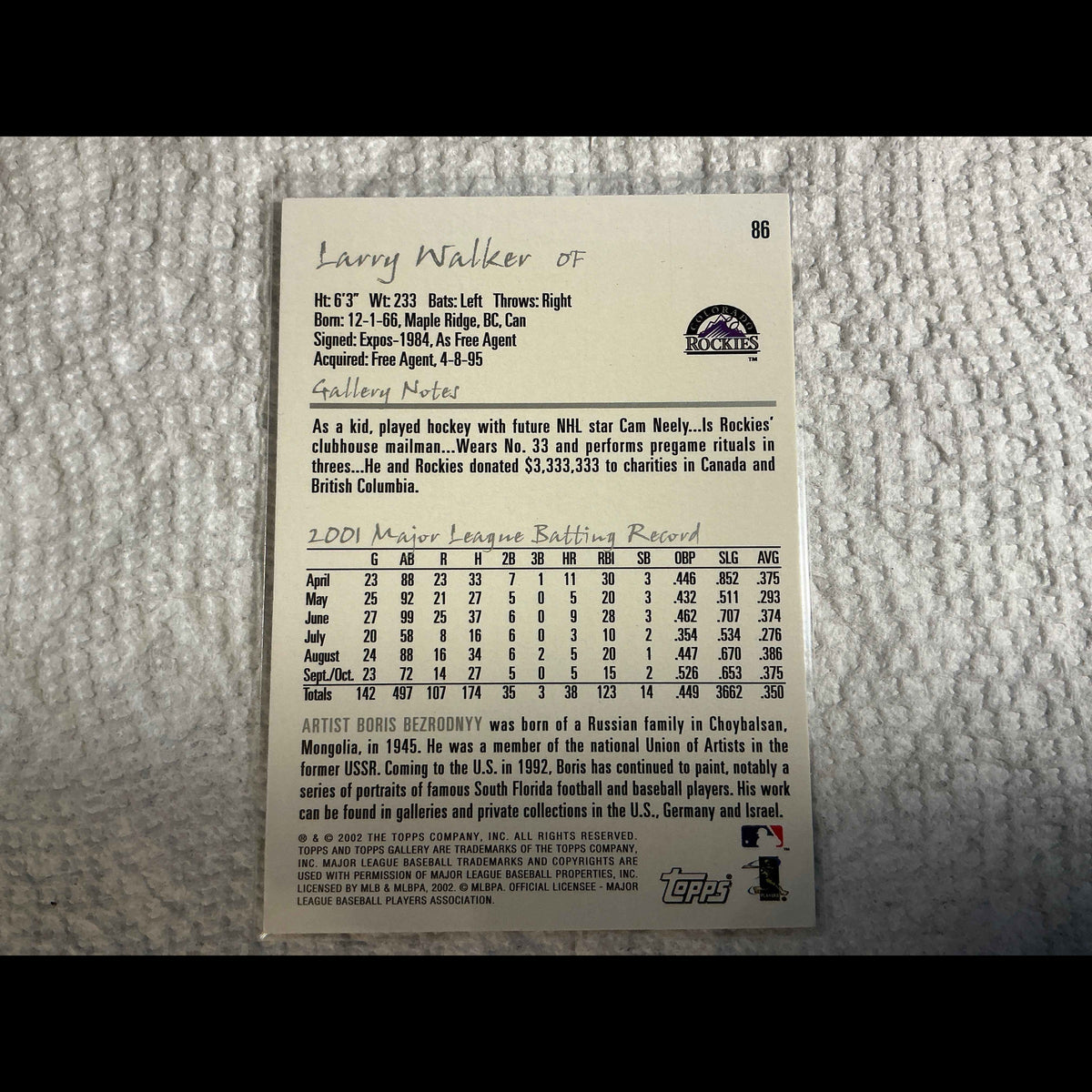 2002 Topps Gallery #86 Larry Walker - back