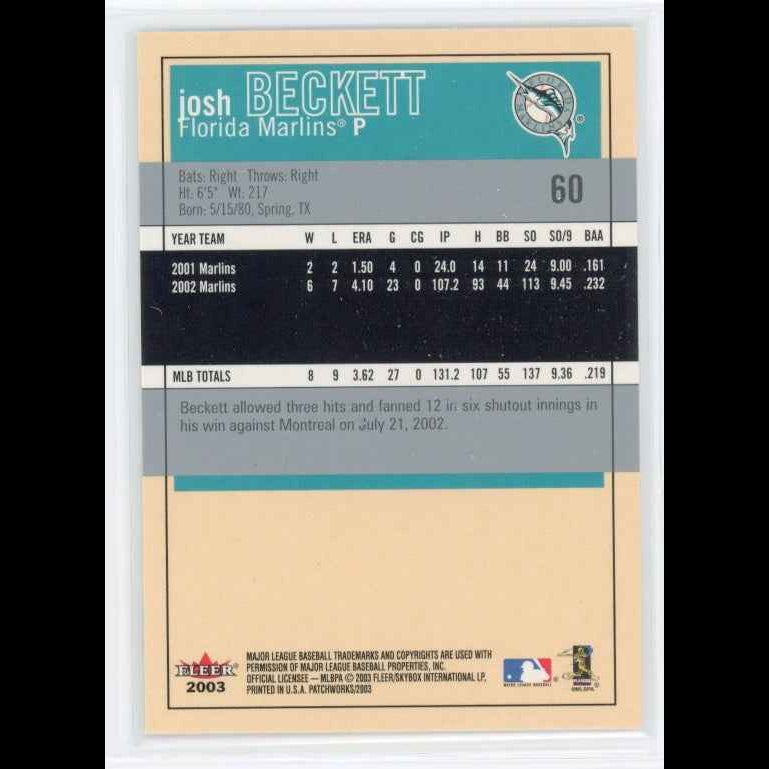 2003 Fleer Patchworks #60 Josh Beckett Card - back