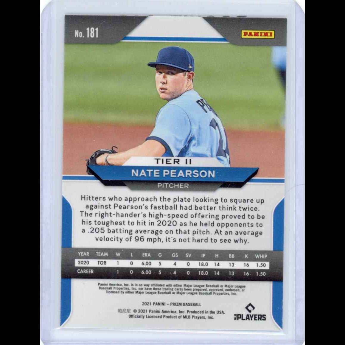 2021 Panini Prizm Silver Nate Pearson #181 Blue Jays Card - back