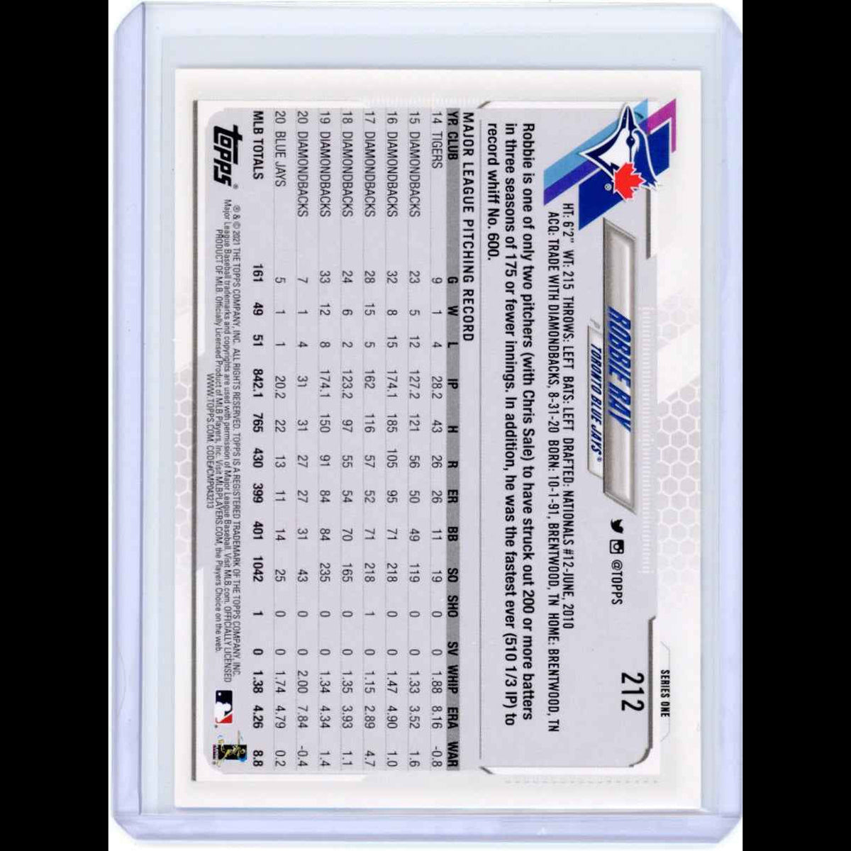 2021 Topps #212 Robbie Ray Blue Jays Card - back