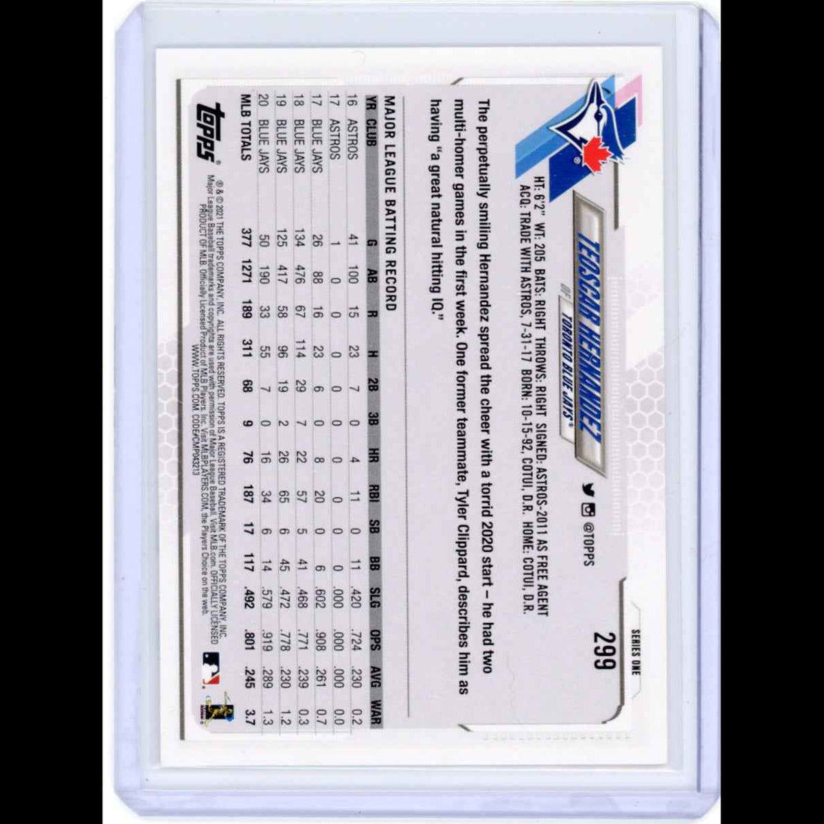 2021 Topps #299 Tedscar Hernandez Blue Jays Card - back