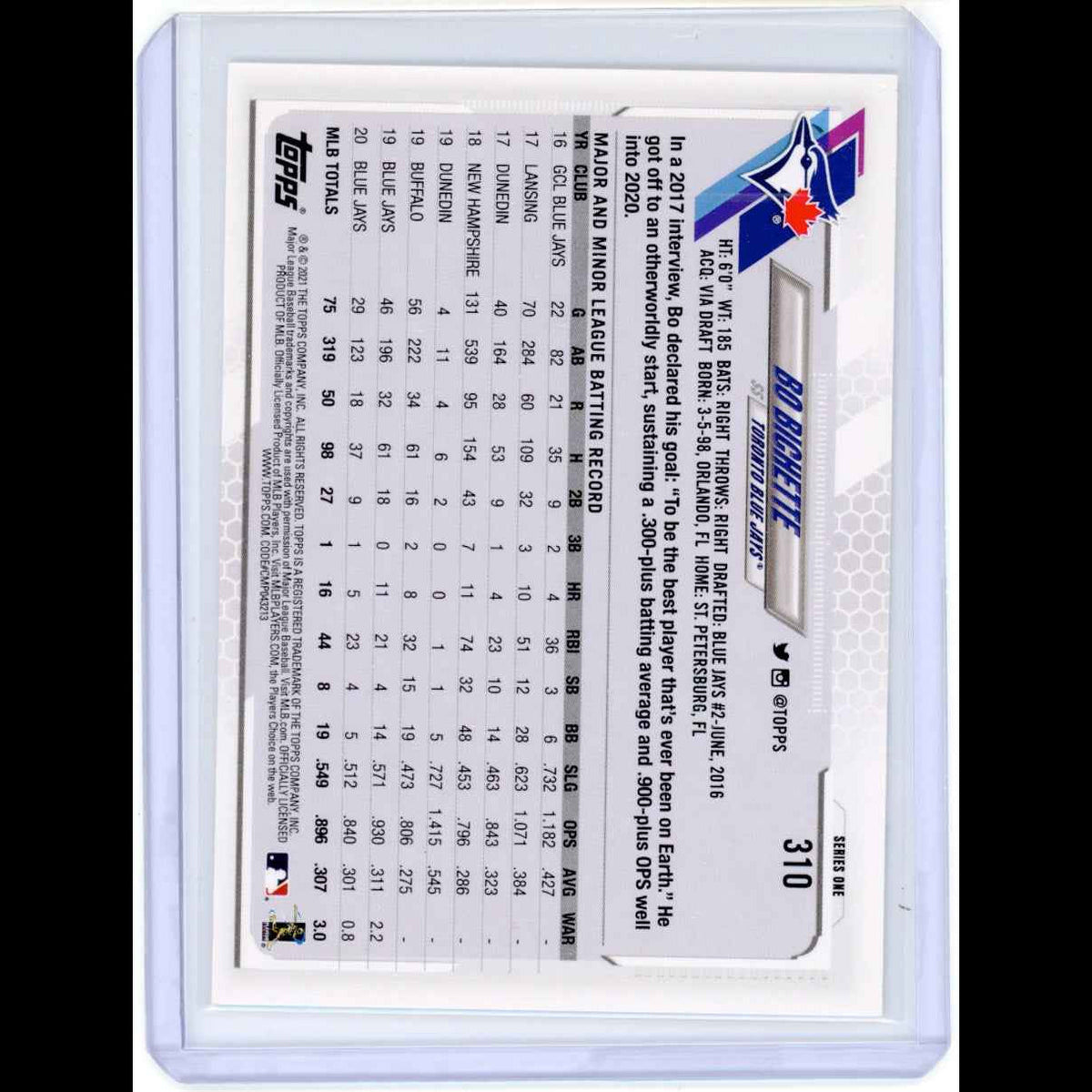 2021 Topps #310 Bo Bichette FS Blue Jays Card - back