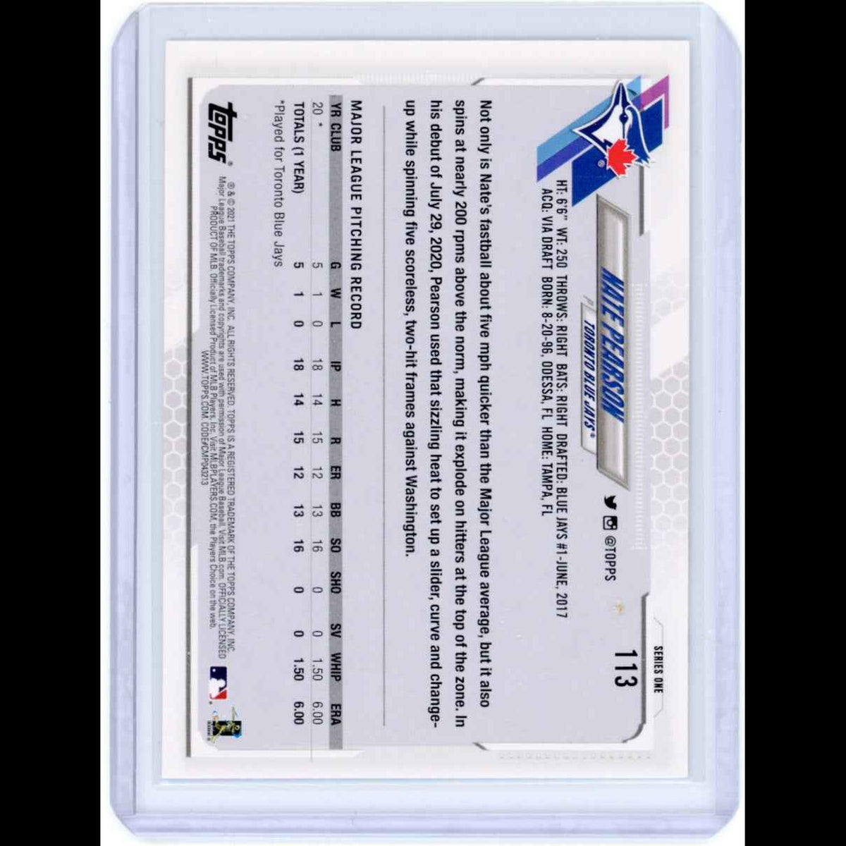 2021 Topps #113 Nate Pearson Rookie (RC) Blue Jays Card - back