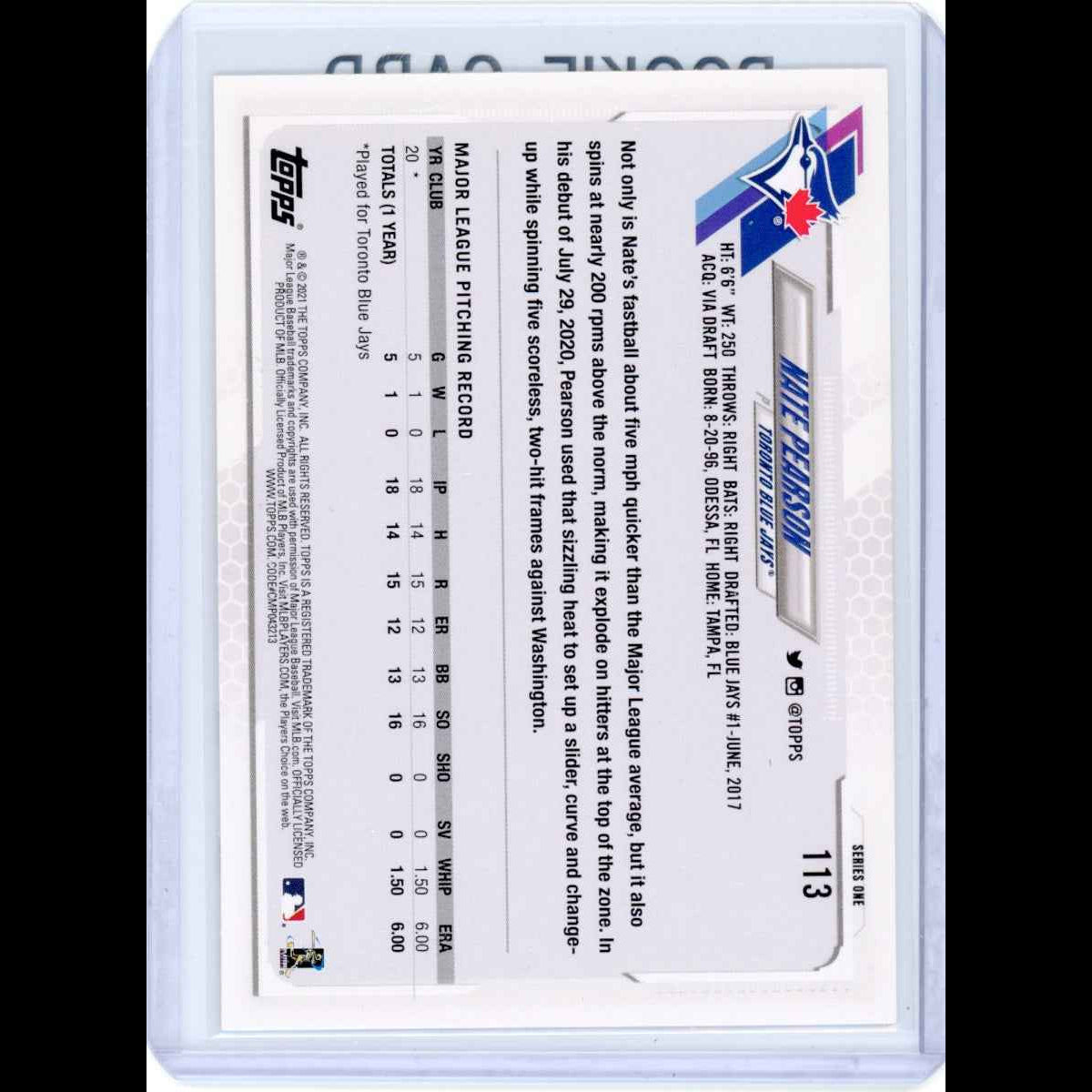 2021 Topps #113 Nate Pearson Rookie (RC) Blue Jays Card - view 4