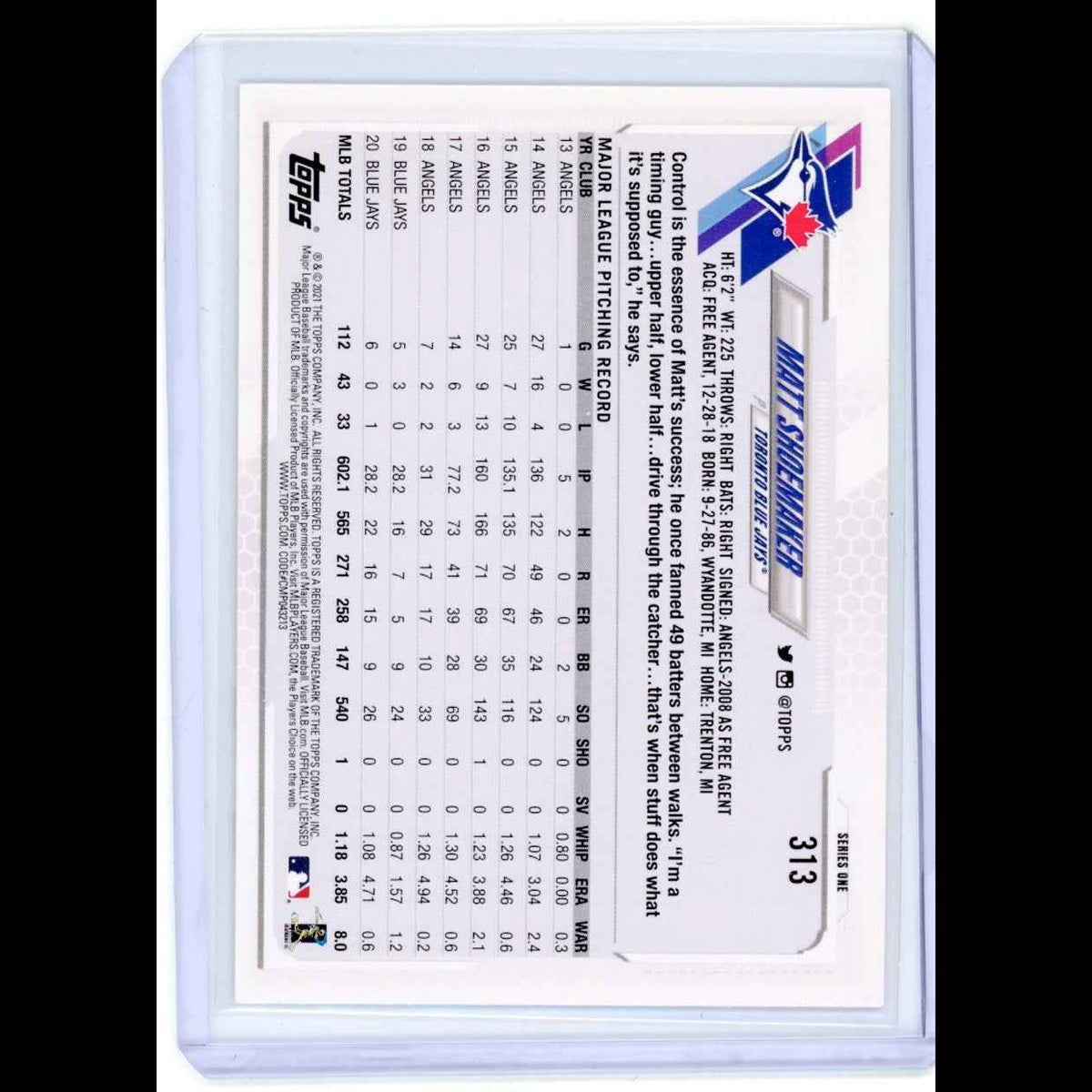 2021 Topps #313 Matt Shoemaker Blue Jays Card - back
