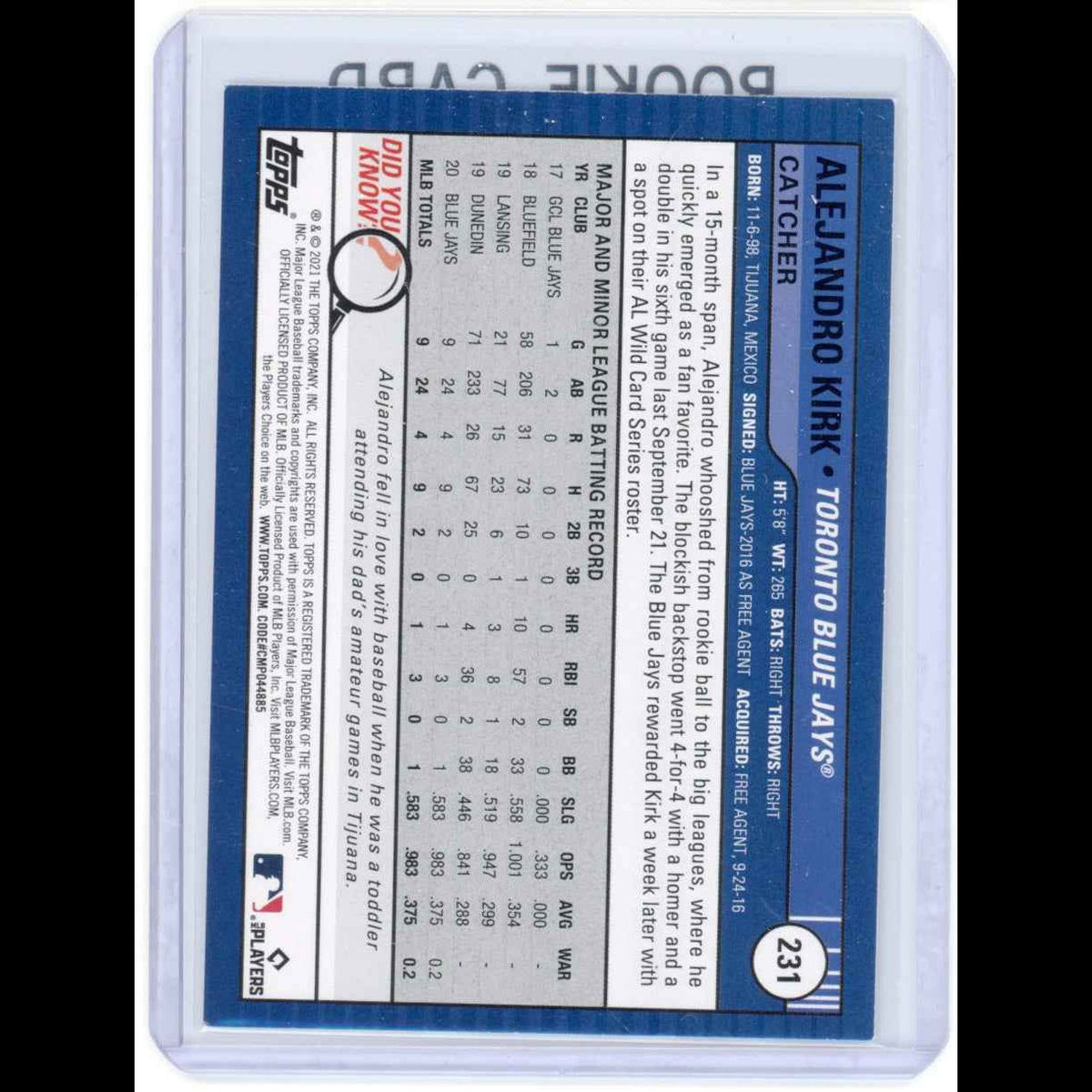2021 Topps Big League #231 Alejandro Kirk Rookie (RC) Blue Jays Card - back