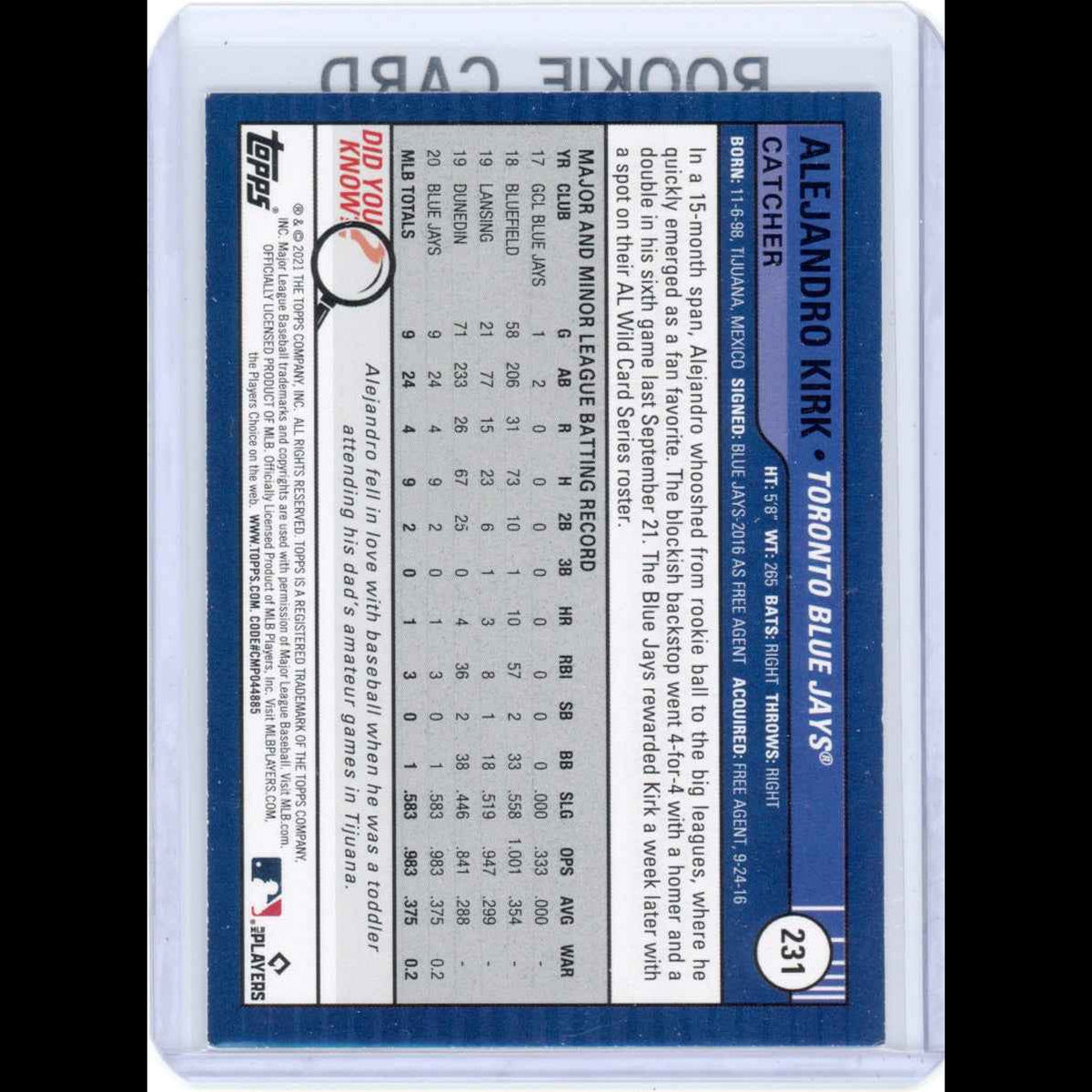 2021 Topps Big League #231 Alejandro Kirk Rookie (RC) Blue Jays Card - view 4