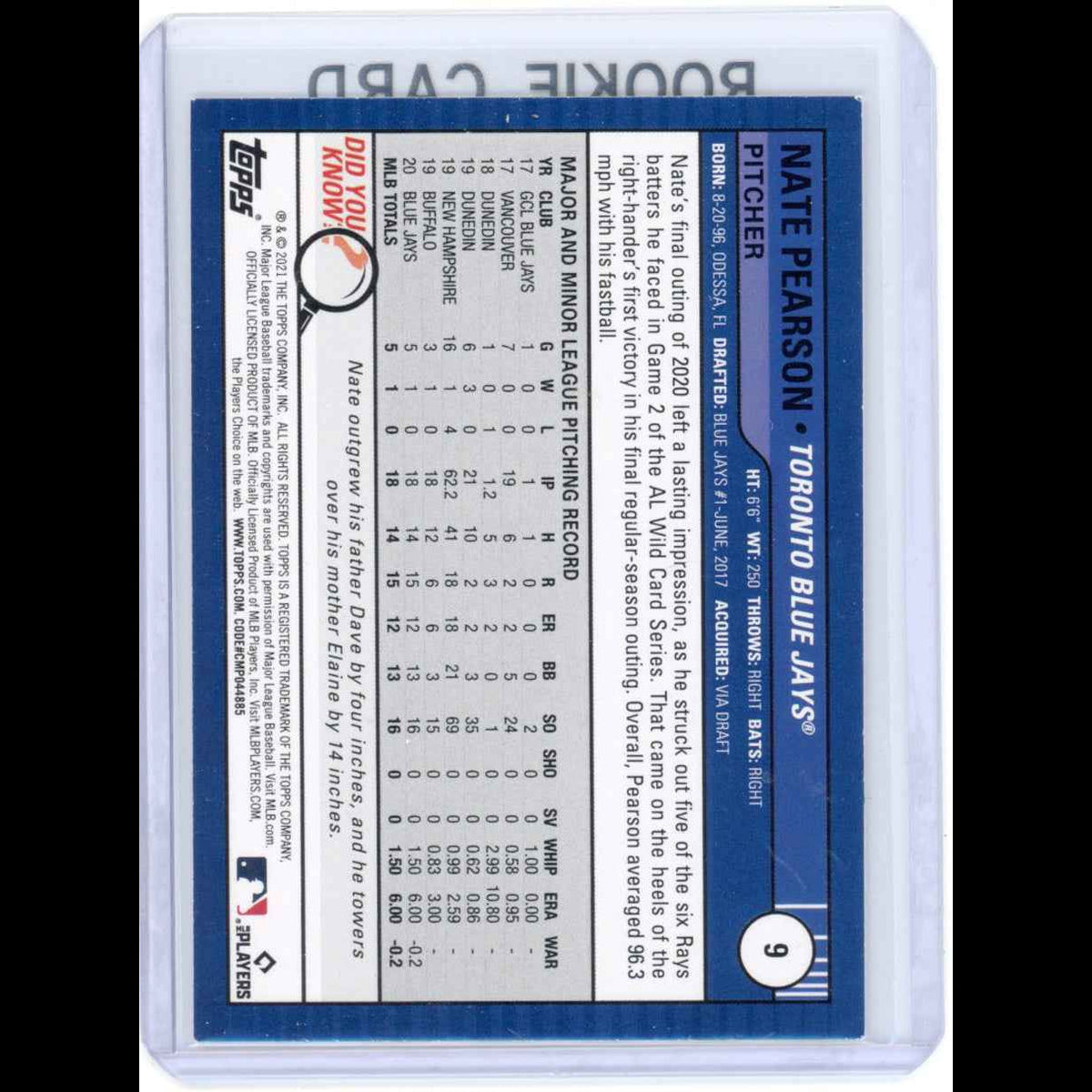 2021 Topps Big League #9 Nate Pearson Rookie (RC) Blue Jays Card - view 3