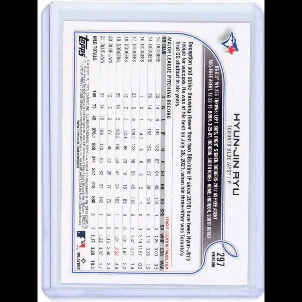 2022 Topps #297 Hyun-Jin Blue Jays Card - back