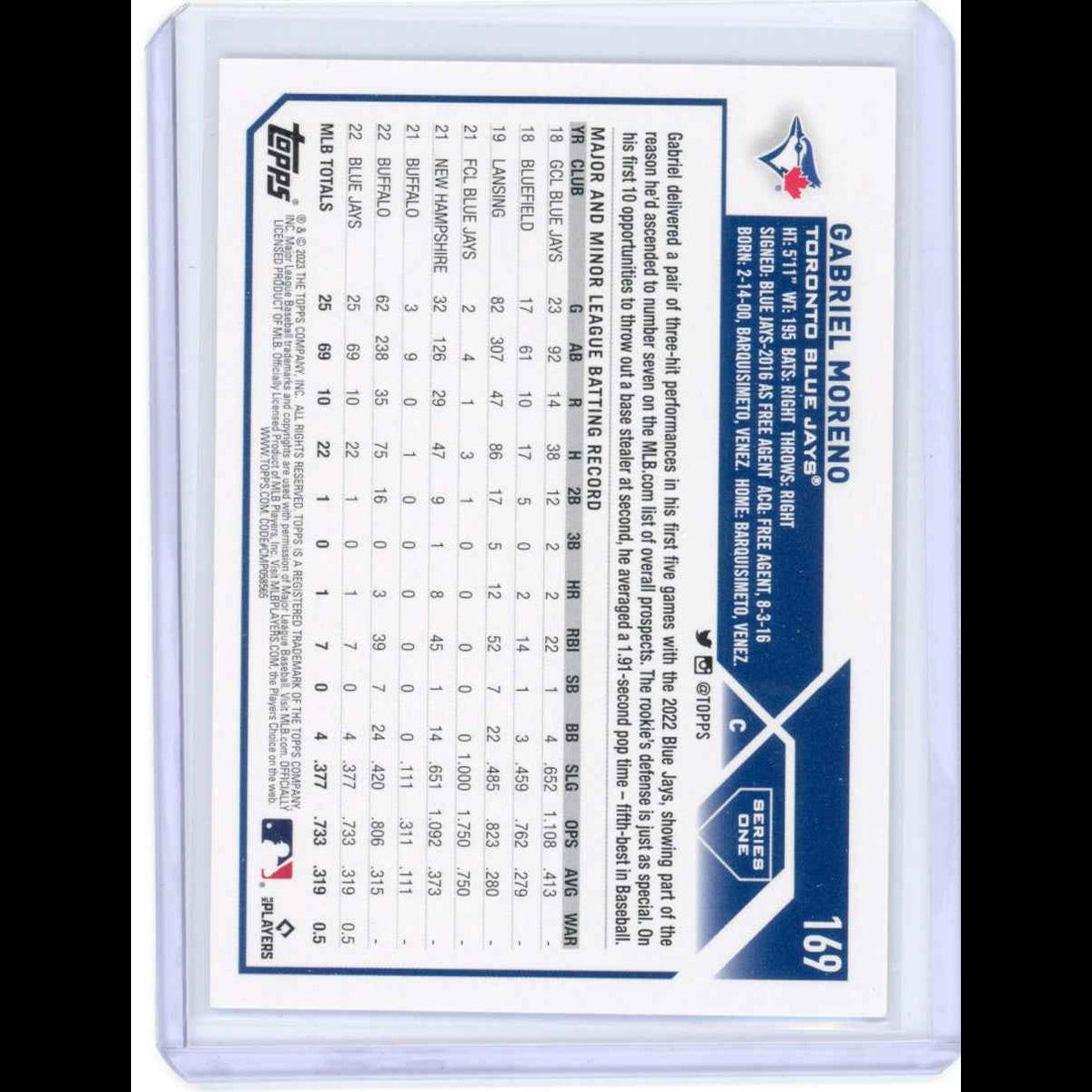2023 Topps #169 Gabriel Moreno Rookie (RC) Blue Jays Card - back