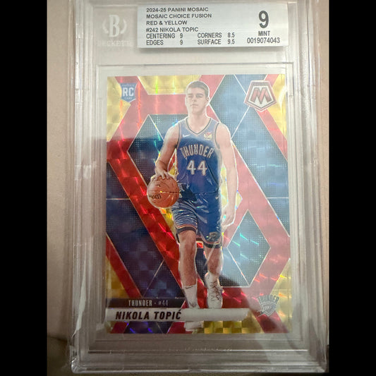 2024-25 Panini Mosaic #242 Nikola Topic Mosaic Choice Fusion Red and Yellow 68/75 BGS 9.0 Mint Oklahoma City Thunder Rookie (RC) Card - front