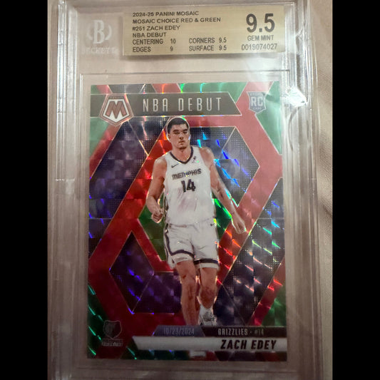 2024-25 Panini Mosaic #251 Zach Edey Mosaic Choice Red & Green NBA Debut BGS 9.5 Gem Mint Memphis Grizzlies Rookie (RC) Card - front