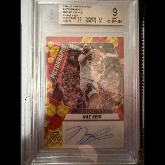 2024-25 Panini Mosaic #PM-NAZ Naz Reid Pictographs Mosaic Choice Minnesota Timberwolves BGS 9 Mint Autographed (AU) Card - front