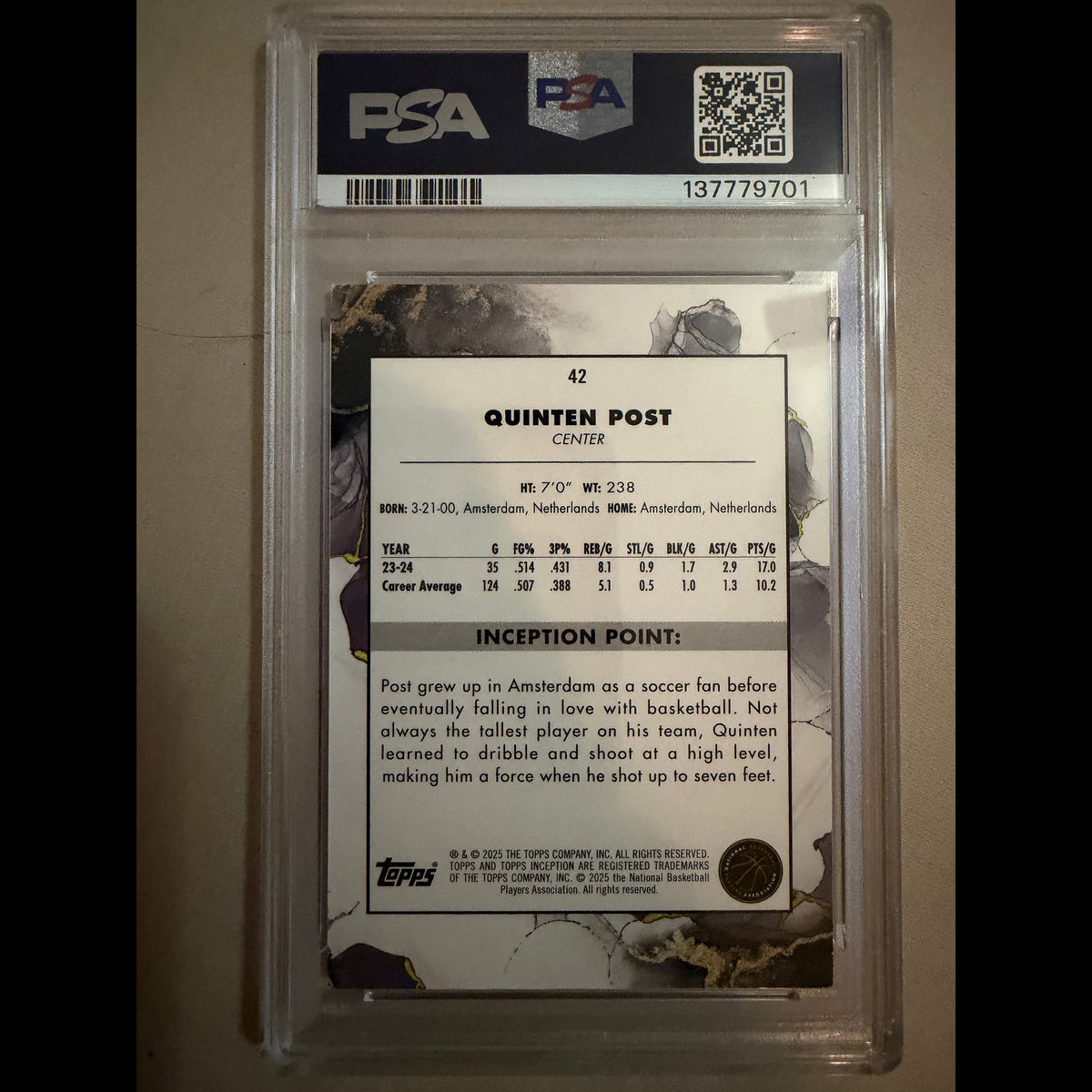 2024-25 Topps Inception #42 Quinten Post PSA 8.0 NM-MT Golden State Warriors Rookie (RC) Card - back