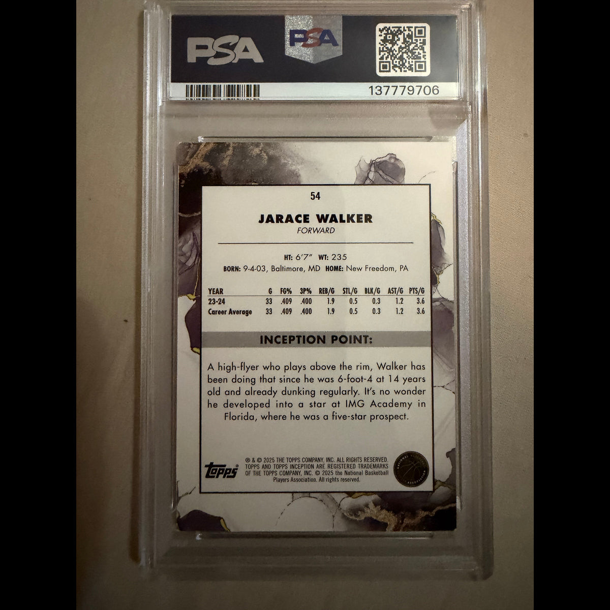 2024-25 Topps Inception #54 Jarace Walker Purple 070/150 PSA 7 Indiana Pacers Card - back