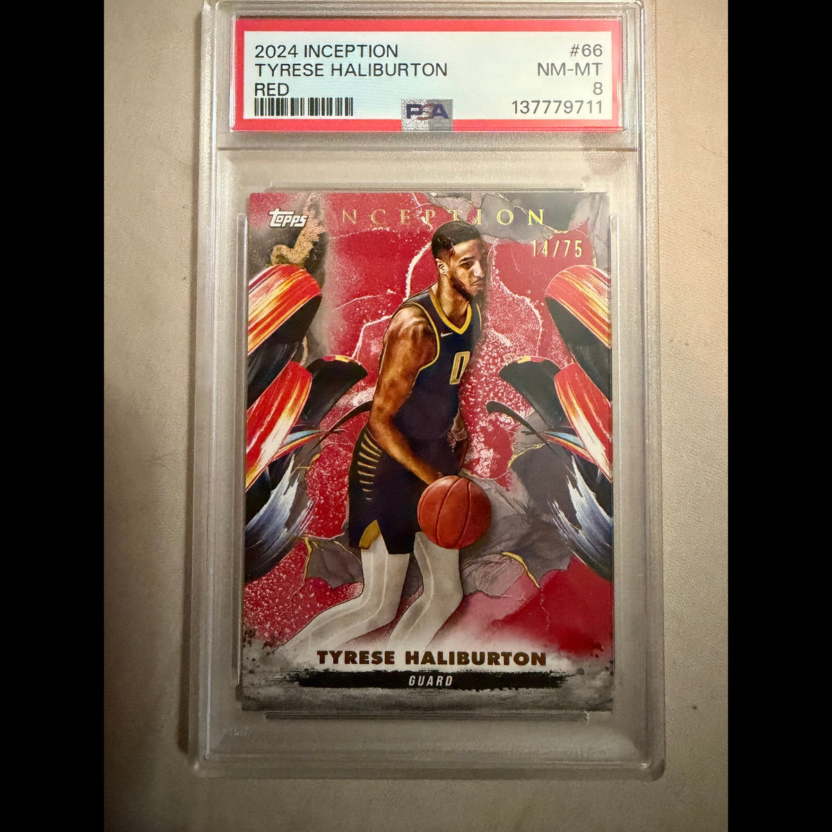 2024-25 Topps Inception #66 Tyrese Haliburton Red 14/75 PSA 8 Indiana Pacers Card - front