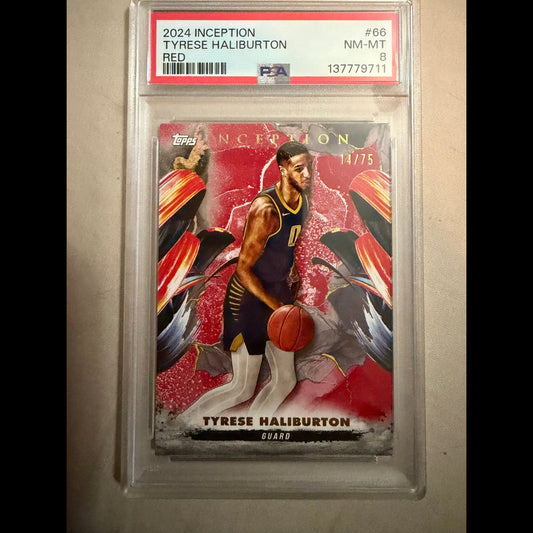 2024-25 Topps Inception #66 Tyrese Haliburton Red 14/75 PSA 8 Indiana Pacers Card - front