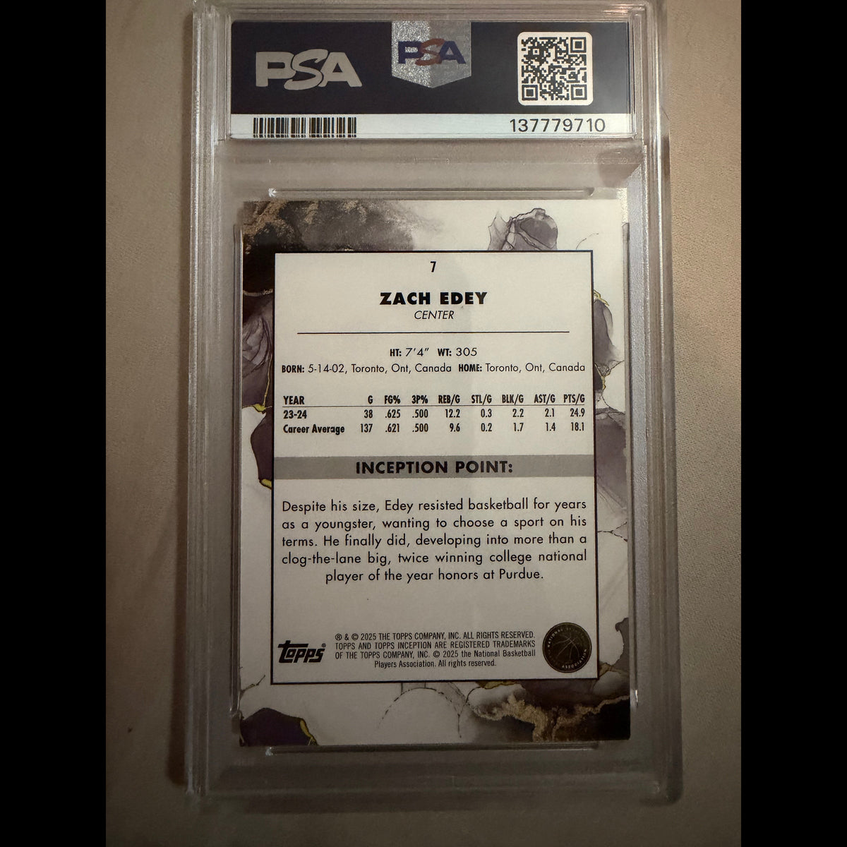 2024-25 Topps Inception #7 Zach Edey PSA 9 Memphis Grizzlies Rookie (RC) Card - back