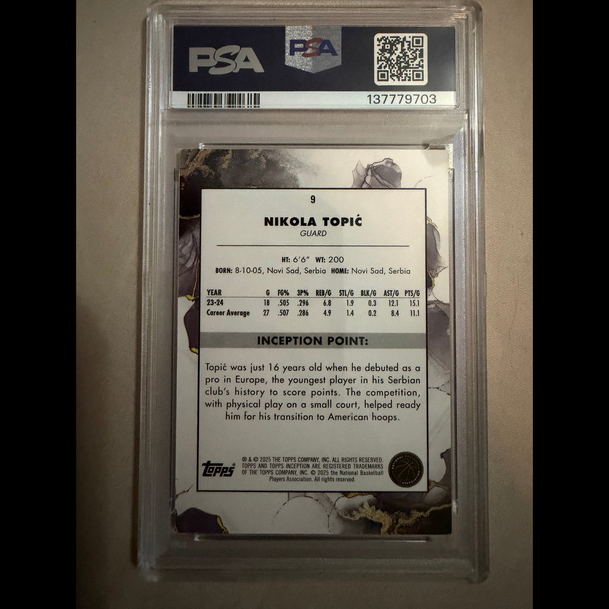 2024-25 Topps Inception #9 Nikola Topic Holo Gold 37/50 PSA 8 Oklahoma City Thunder Rookie (RC) Card - back