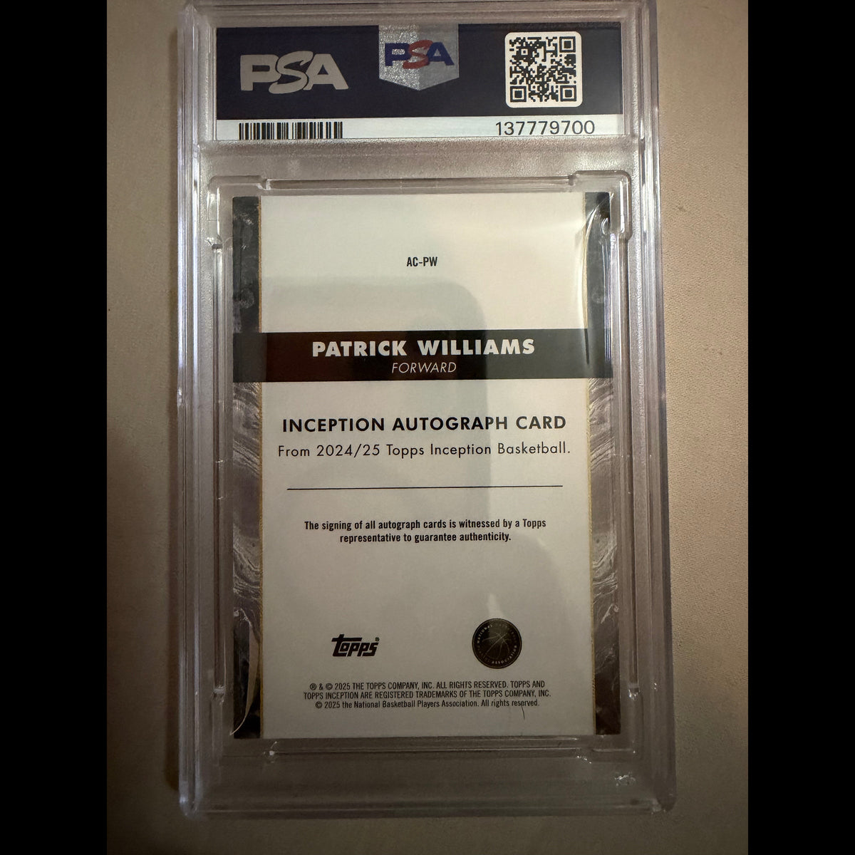 2024-25 Topps Inception #AC-PW Patrick Williams Pink Topps Certified Autograph PSA 8 Autographed (AU) Chicago Bulls Card - back