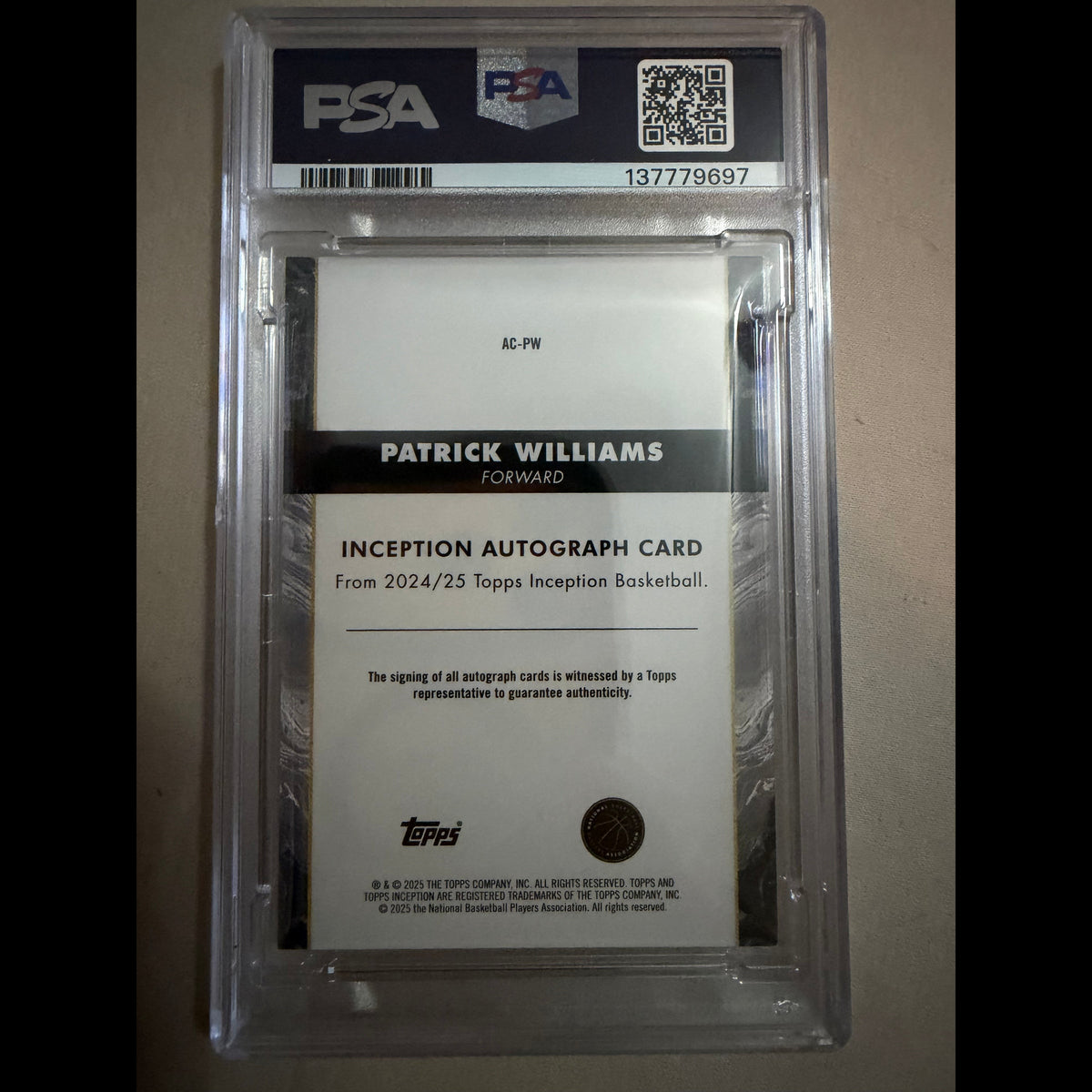 2024-25 Topps Inception #AC-PW Patrick Williams PSA 8 Autograph (AU) Chicago Bulls Card - back