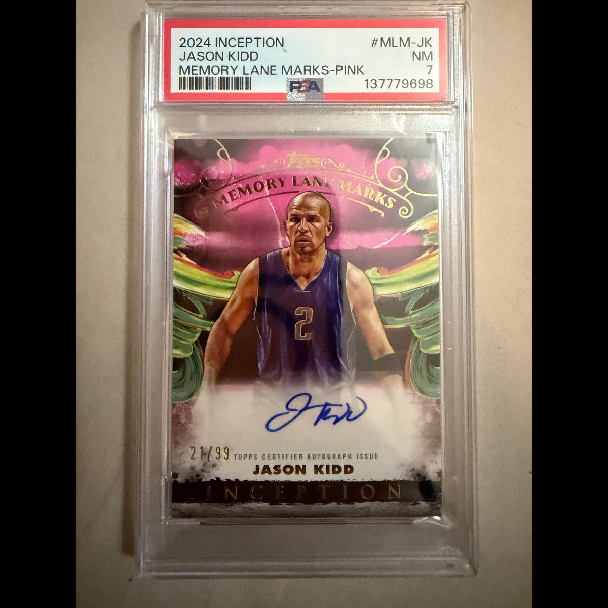 2024-25 Topps Inception #MLM-JK Jason Kidd 21/99 Memory Lanes Marks Pink PSA 7 Autographed (AU) Dallas Maverick Card - front