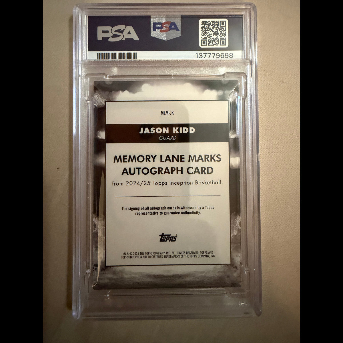 2024-25 Topps Inception #MLM-JK Jason Kidd 21/99 Memory Lanes Marks Pink PSA 7 Autographed (AU) Dallas Maverick Card - back