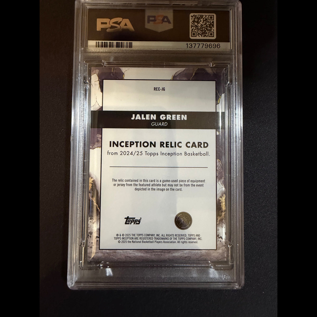 2024-25 Topps Inception #REC-JG Jalen Green PSA 8 Cert #137779696 Relic Near Mint Mint Houston Rockets Card - back