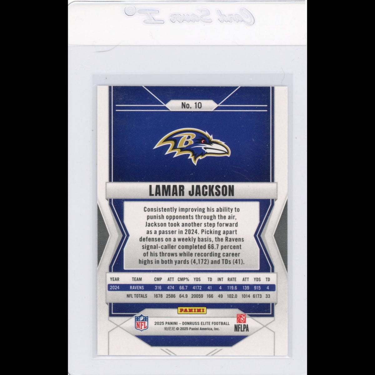 2025 Elite #10 Lamar Jackson Baltimore Ravens Card - back