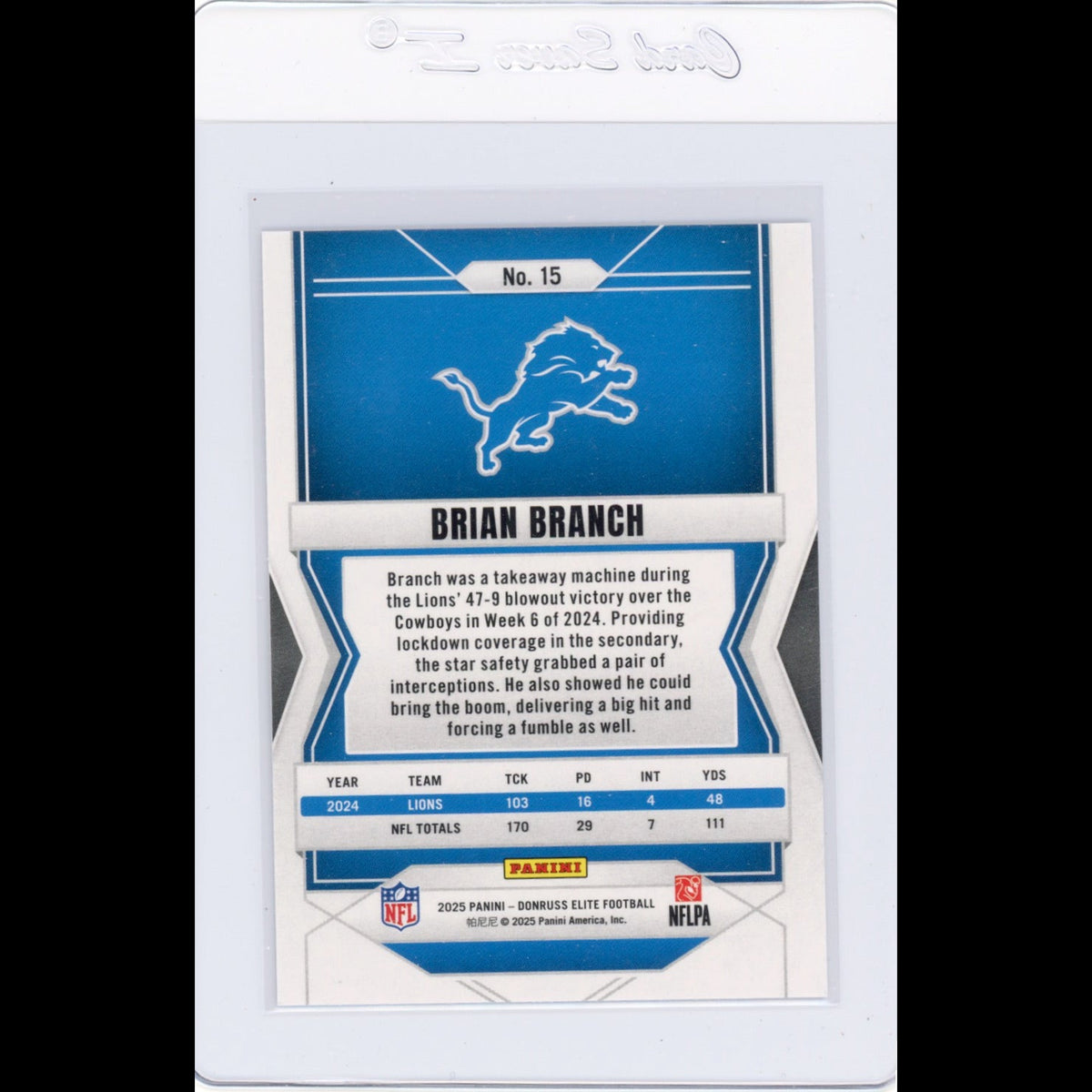2025 Elite #15 Brian Branch Detroit Lions Card - back
