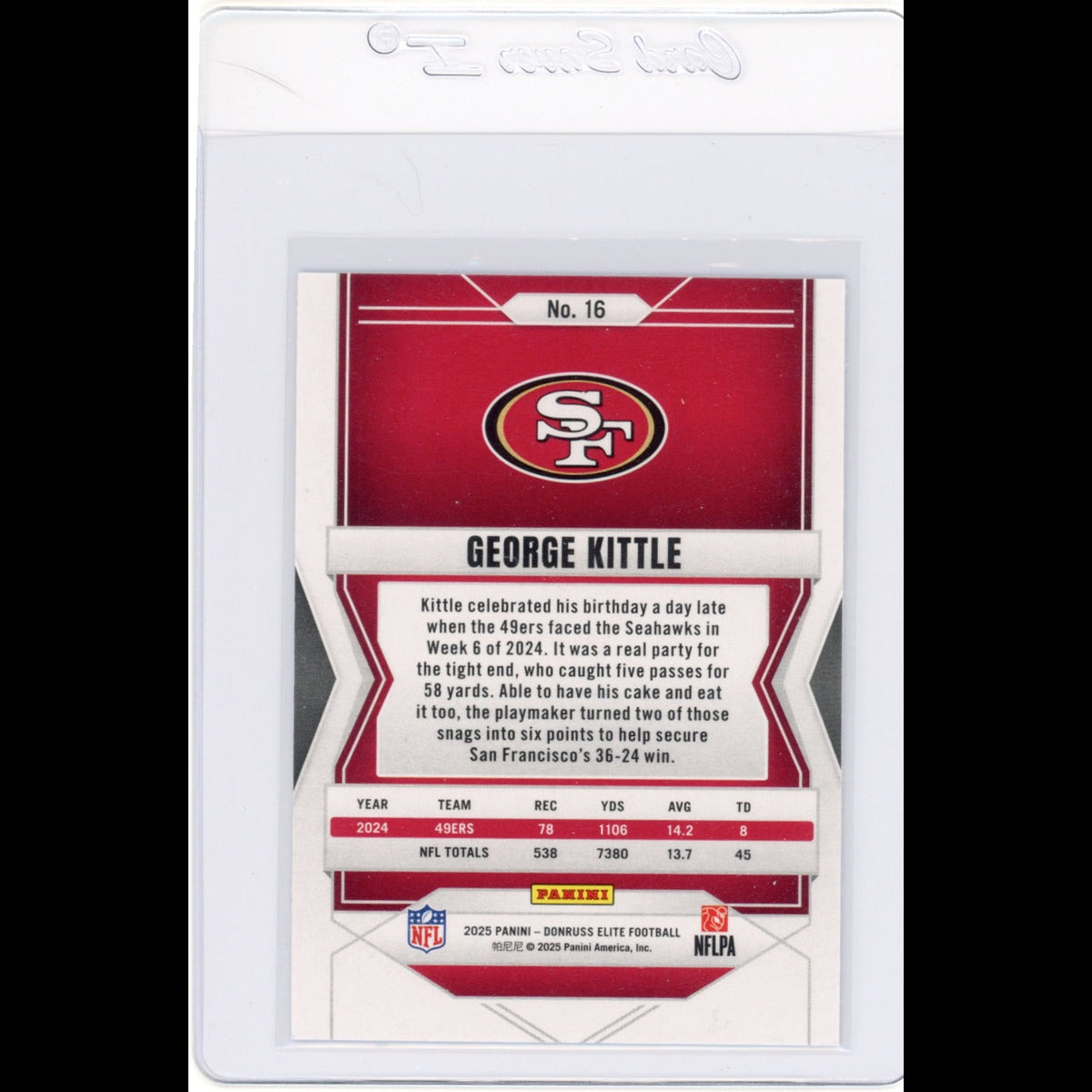 2025 Elite #16 George Kittle San Francisco 49ers Card - back