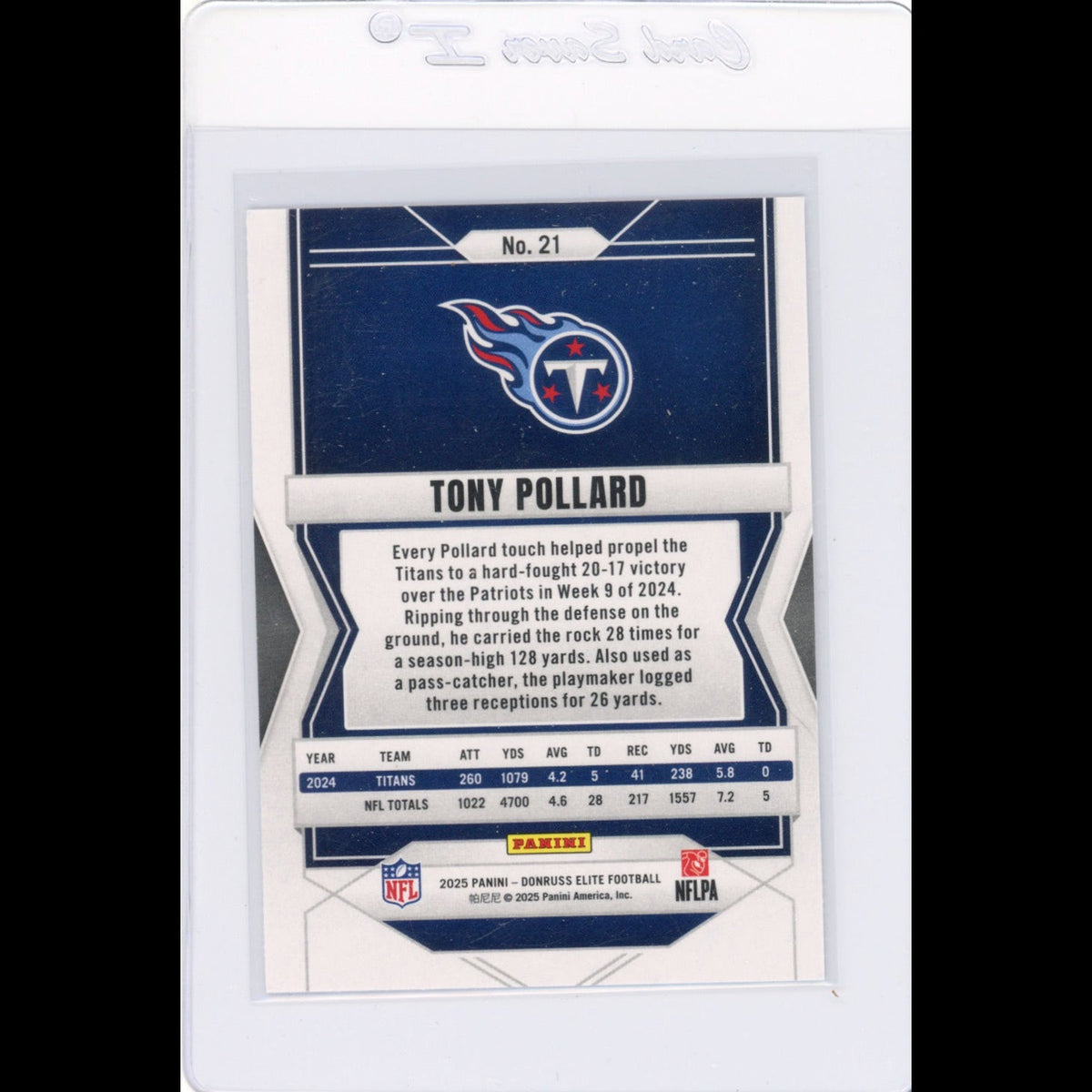 2025 Elite #21 Tony Pollard Tennessee Titans Card - back