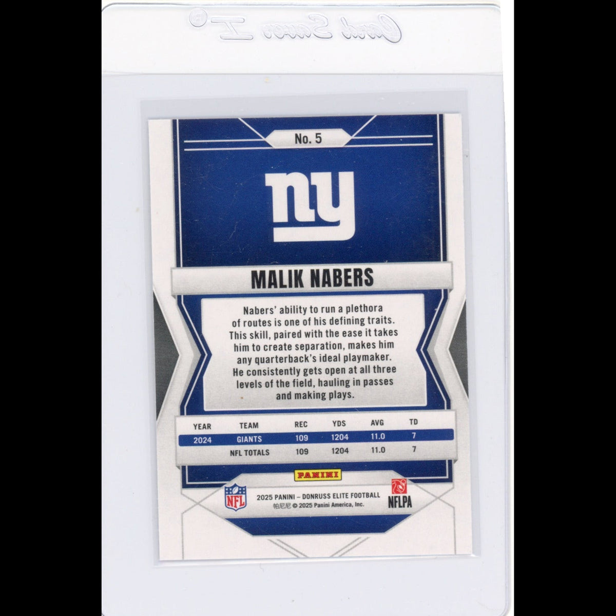 2025 Elite #5 Malik Nabers New York Giants Card - back