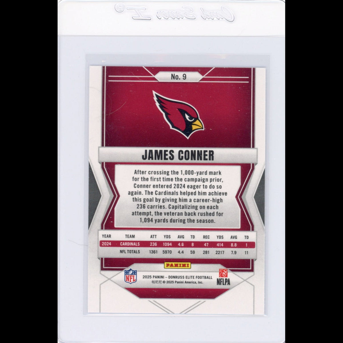 2025 Elite #9 James Conner Arizona Cardinals Card - back