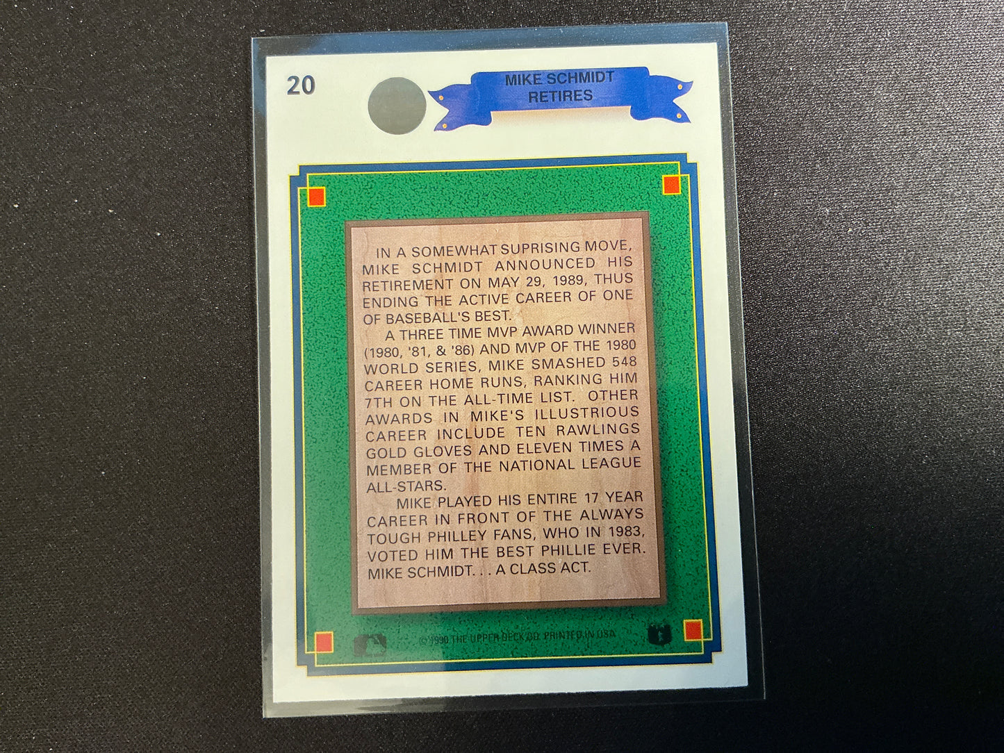 Tarjeta retirada de Mike Schmidt n.° 20 de Upper Deck de 1990