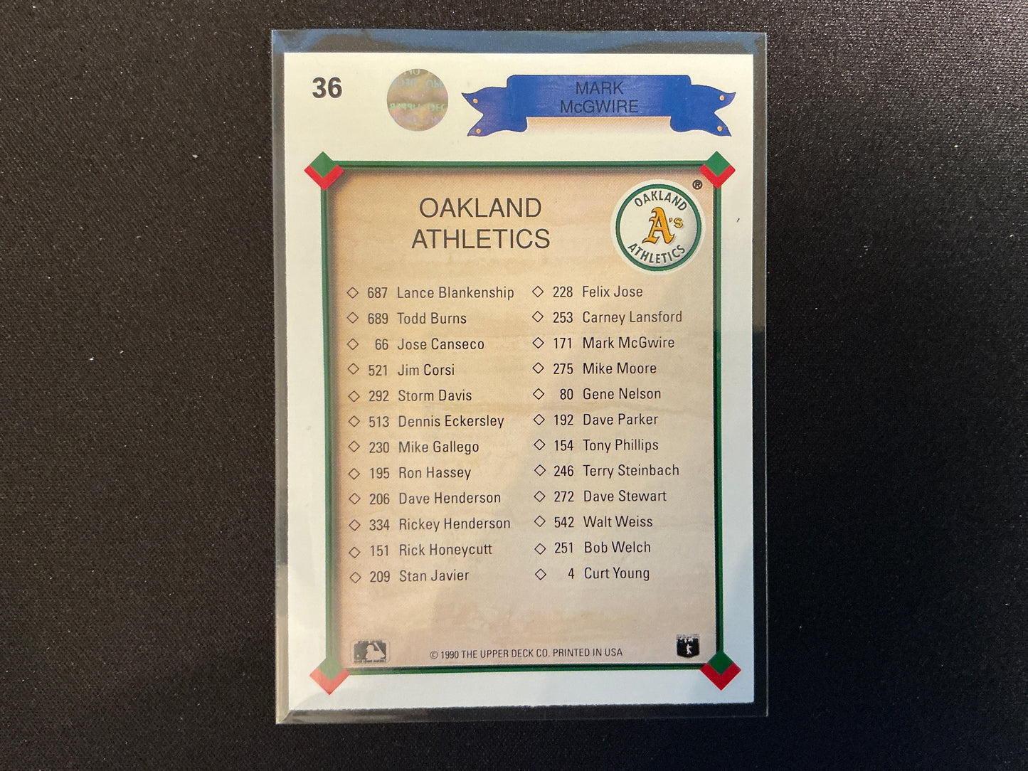 Tarjeta de Mark McGwire Upper Deck n.° 36 de 1990