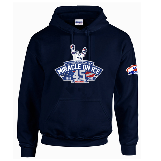 1980 Miracle on Ice 45th Anniversary (1980-2025) Hoodie - Navy - Scharf Enterprises, LLC