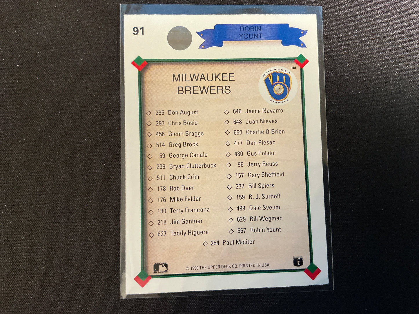 Tarjeta TC Robin Yount n.° 91 de Upper Deck de 1990