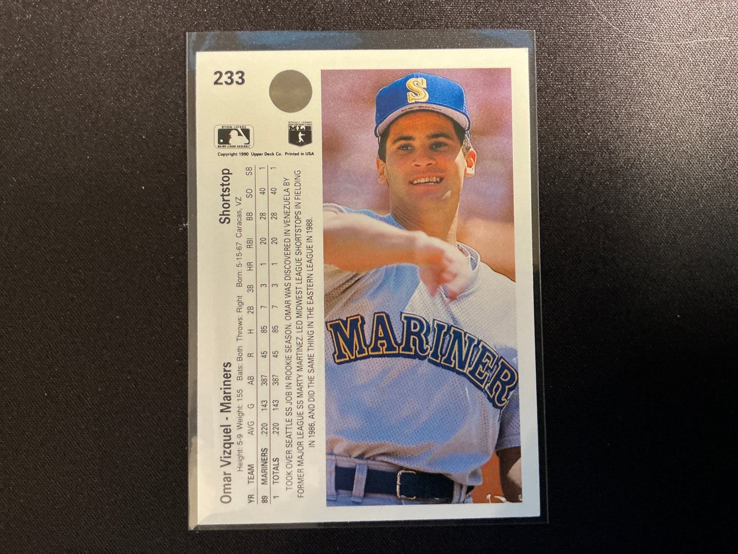 Tarjeta de Omar Vizquel n.° 233 de Upper Deck de 1990