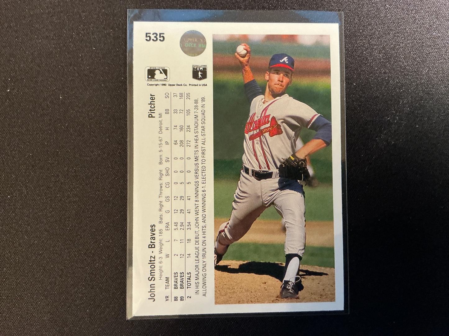Tarjeta de John Smoltz Upper Deck n.° 535 de 1990