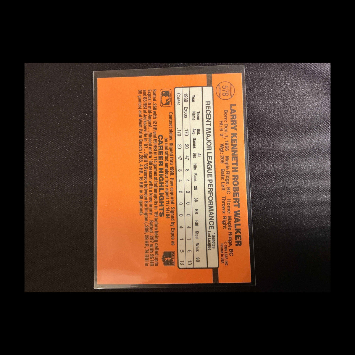 1990 Donruss #578 Larry Walker Rookie (RC) Card - back