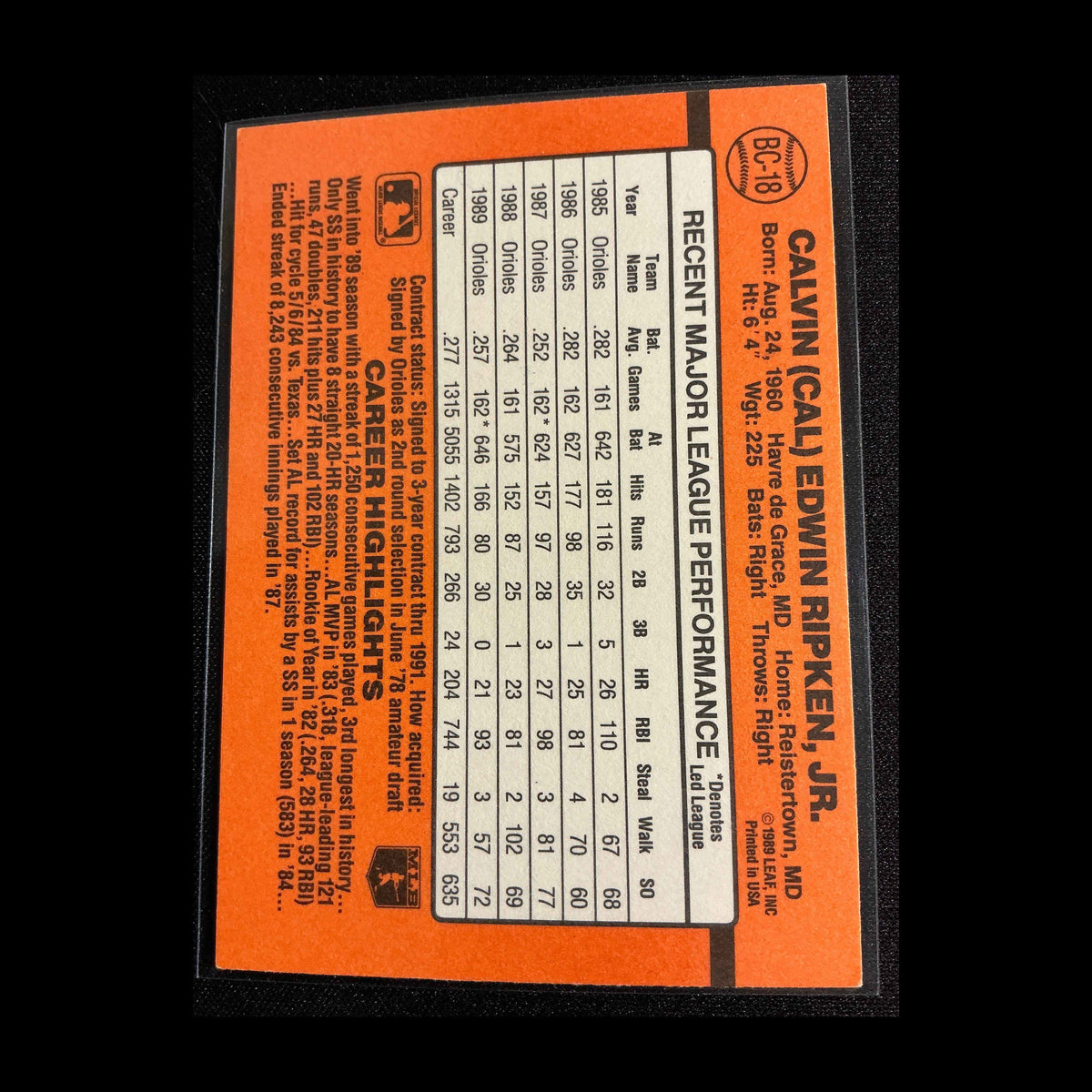 1990 Donruss Bonus MVPs #BC-18 Cal Ripken No . after INC Error Card - back