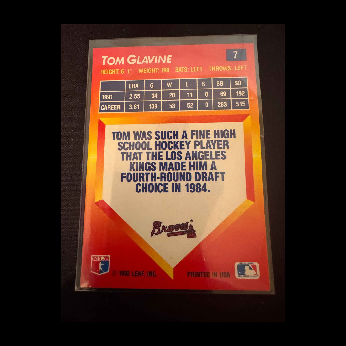 1992 Donruss Triple Play #7 Tom Glavine Card - back