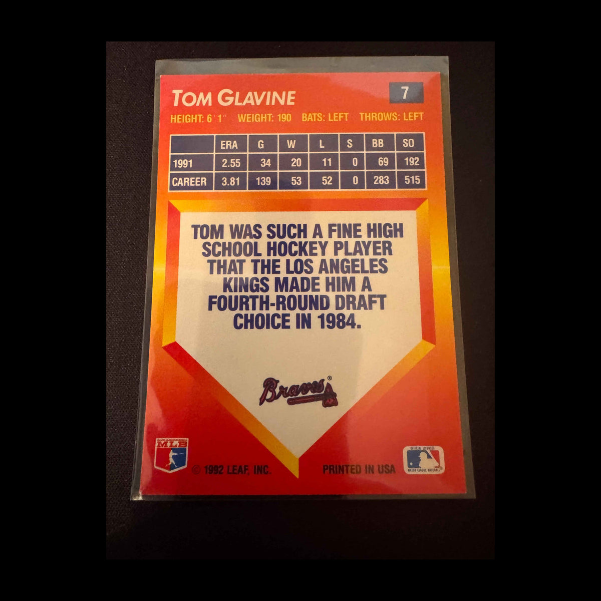 1992 Donruss Triple Play #7 Tom Glavine Card - view 4