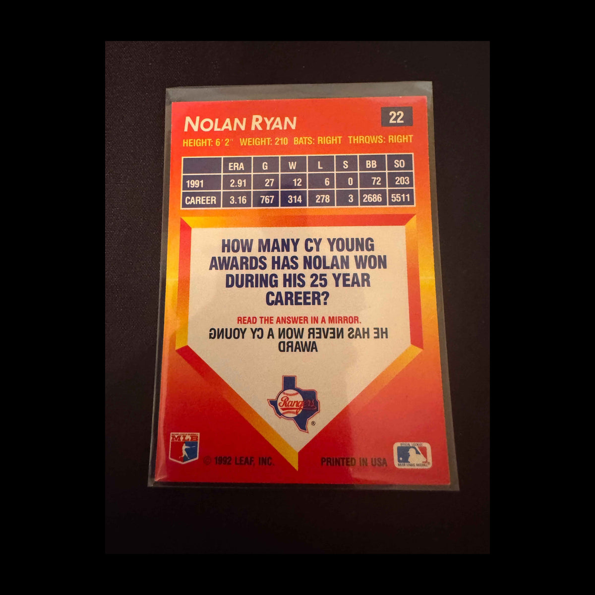 1992 Donruss Triple Play #22 Nolan Ryan Card - back