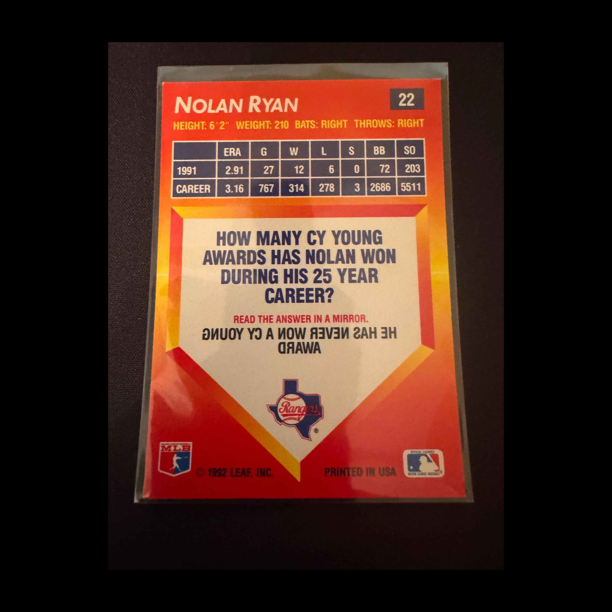 1992 Donruss Triple Play #22 Nolan Ryan Card - view 4